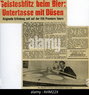 EPP, Joseph Andreas, 1914 - 1997, inventore tedesco, a metà lunghezza, con la costruzione del suo disco volante 'Omega Diskus 39/58', giornale rapporto, AZ, (Abendzeitung), Monaco di Baviera, 1965, Foto Stock