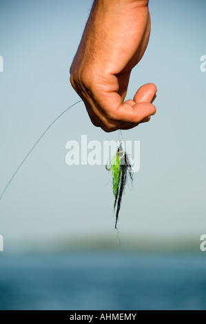 Florida Keys Close up fly- fisherman holding volare in mano mentre fly- con attività di pesca nell'oceano dei Caraibi Foto Stock