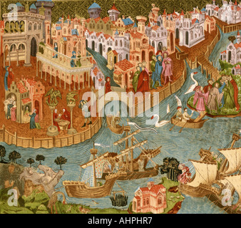 Marco Polo lascia Venezia per la Cina 1338. Litografia a colori Foto Stock