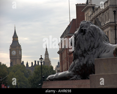 Lion a Trafalgar Square guardando giù Whitehall Street alla Torre del Big Ben di distanza City of Westminster London Inghilterra England Foto Stock