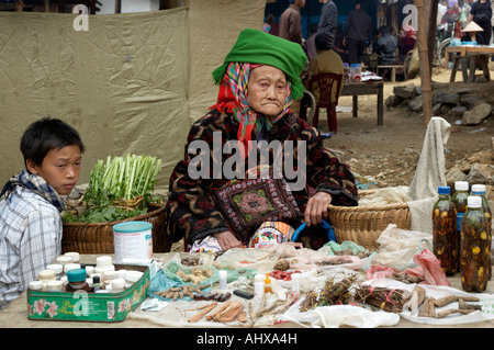 Donna anziana dal fiore collina Hmong Trlbe vendita di medicina, Bac Ha Mercato, vicino a SAPA, Vietnam Foto Stock