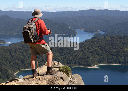 Un escursionista si ammira la vista dalla cima di una scogliera Nuova Zelanda Foto Stock