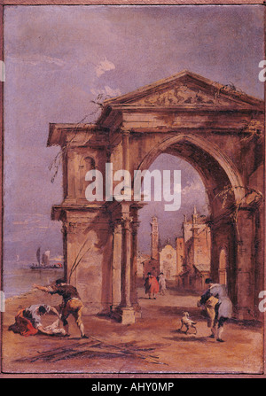 "Belle Arti, Guardi, Francesco (1712 - 1793), pittura, 'Arch con macchiette' ('arch con tipici abitanti"), circa 1770 Foto Stock