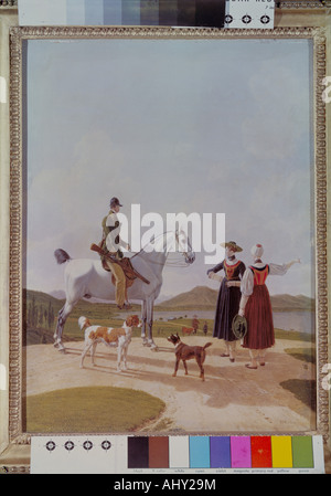 "Belle Arti, Kobell Wilhelm von, (1766 - 1855), pittura, 'Reiter am Tegernsee' ('pilota sul lago Tegernsee"), 1825, Oskar ri Foto Stock