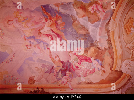 Belle arti, Maulbertsch Franz Anton, (1724 - 1796), pittura, soffitto affrescato, dettaglio, 1760, affresco, biblioteca, Mistelbach parrocchia, Austria, , artista del diritto d'autore non deve essere cancellata Foto Stock