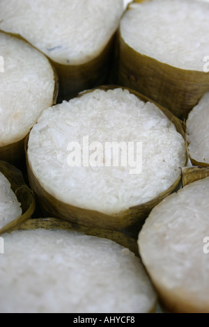 Lemang è una prelibatezza malay servita durante eid ul fitr fatta di riso glutinoso cotto con il latte di cocco in tubi di bambù rivestita con Foto Stock