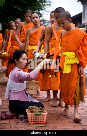 Donna locale dà il riso elemosina ai monaci in Luang Prabang Laos Foto Stock