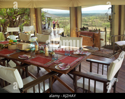 La sala per la tenda di Ol Seki Tented Camp in Masai Mara Game Reserve, Kenya Foto Stock