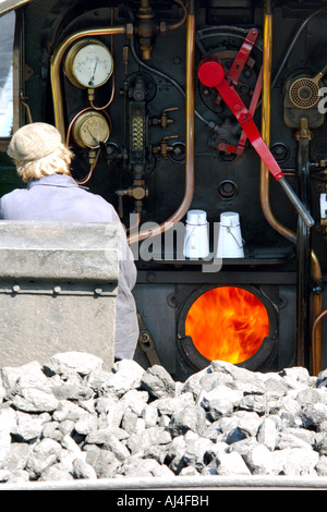 Guardando in giù nel driver vano di un treno a vapore a Buckfastleigh stazione sul South Devon Railway Foto Stock