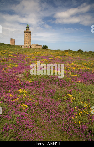 Faro di Cap Frehel con un tappeto di colorate ginestre ed erica fiori Brittany Foto Stock