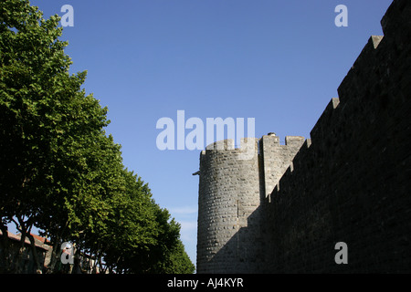 Mura fortificate e torretta di città murata Aigues Mortes nella Petite Camargue Francia meridionale una muraglia difensiva è un fortificatio Foto Stock