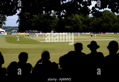 Spettatori guarda Sussex giocare Yorkshire a cricket sulla pittoresca massa al Castello di Arundel in West Sussex Foto Stock