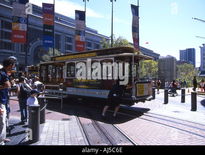 A San Francisco la funivia viene ruotato intorno ad un tavolo girevole a Market Street Foto Stock