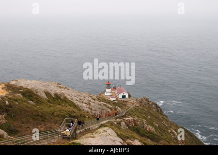 La lunga scalinata che conduce in basso verso il punto Reyes Lighthouse, Point Reyes National Seashore, Marin County, California, Stati Uniti d'America Foto Stock