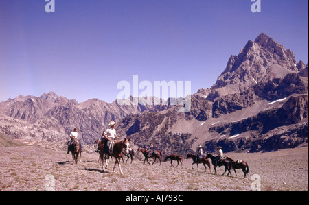 Horse pack stringa attraversa un passa alto sul lato ovest del Grand Teton Mountains del Wyoming Idaho border Foto Stock