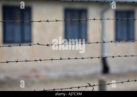 Filo spinato recinzioni e barriere circondano la rinomata in tutto il mondo come il carcere nazista di Auschwitz Birenau in Oświęcim, vicino a Cracovia in Polonia. Foto Stock