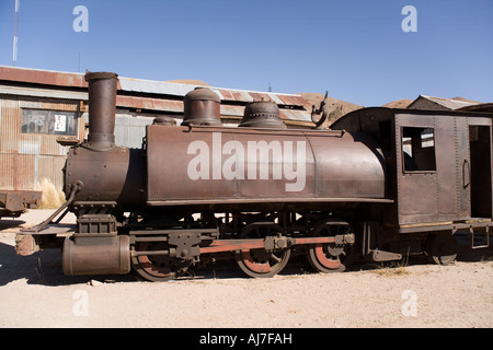 Di vecchi treni alla città mineraria di Pulacayo, incluso l'ultimo treno derubato da Butch Cassidy e Sundance Kid, Bolivia Foto Stock