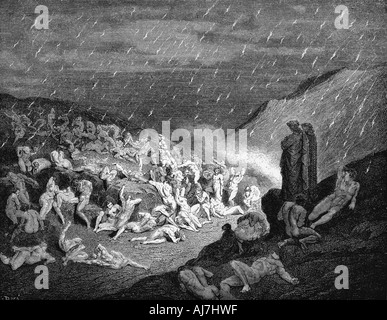 Dante e Virgilio guardando verso il basso sulle anime nei tormenti nell'inferno, 1863. Artista: Gustave Doré Foto Stock