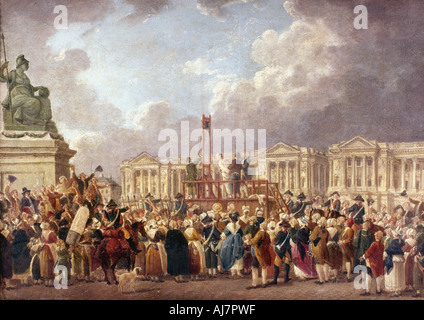 Esecuzione mediante ghigliottina a Parigi durante la Rivoluzione Francese, 1790s (1793-1807). Artista: Pierre Antoine de Machy Foto Stock