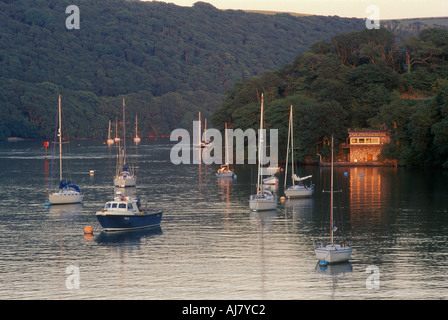 Barche ormeggiate a Dittisham sul fiume Dart Devon England Regno Unito Foto Stock