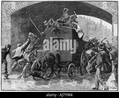 Liberando il Fenian Conspiracy i capi di Stato e di governo di una polizia van, Hyde Street, Manchester, 1867. Artista: sconosciuto Foto Stock