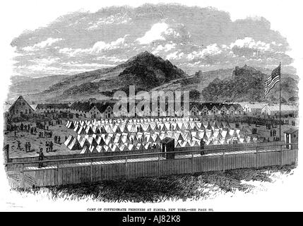 Prigionieri confederati in un campo di prigionia a Elmira, nello Stato di New York, Guerra civile americana, 1865. Artista: sconosciuto Foto Stock