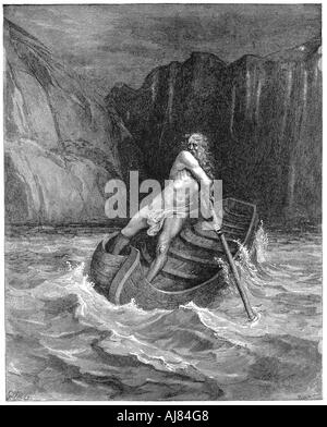 Caronte il traghettatore di anime il canottaggio per raccogliere Dante e Virgilio, per portarli attraverso il Styx, 1861. Artista: Gustave Doré Foto Stock