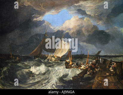 "Calais Pier con il francese Poissards preparando per mare: un inglese un pacchetto in arrivo', 1803. Artista: JMW Turner Foto Stock