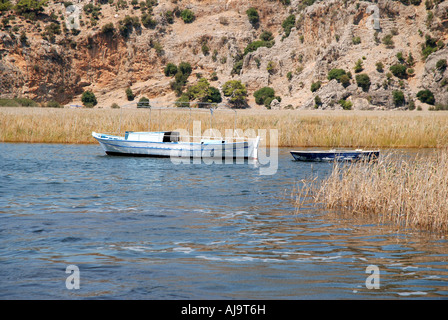 Svuotare barche da pesca sul Dalyan River delta in Turchia Foto Stock