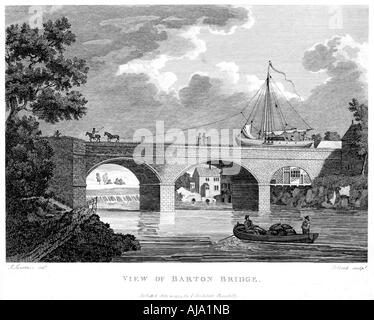 Barge attraversando l acquedotto Barton su Irwell, Salford, Greater Manchester, c1794. Artista: Robert Pollard Foto Stock