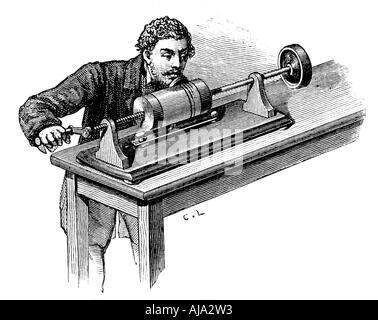 Effettuare la registrazione sul primo modello di Thomas Edison, fonografo, c1878. Artista: sconosciuto Foto Stock