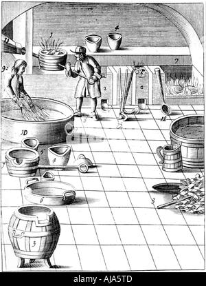 Preparazione di rame e argento per essere legato per la produzione delle monete, 1683. Artista: sconosciuto Foto Stock