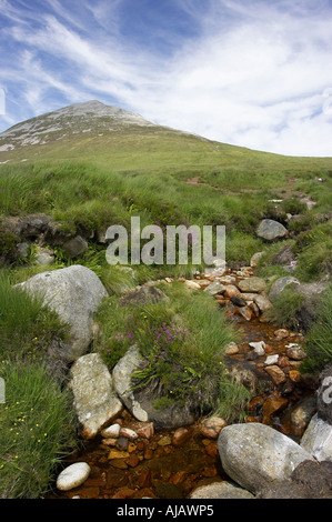 Ruscello di montagna attraverso la torbiera a Errigal mountain donegals picco più alto contro un cielo blu tra dunlewey e gweedore Foto Stock