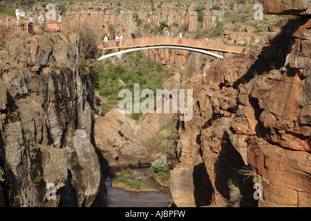 Vista in elevazione dei turisti in piedi su un ponte sul Bourke's Luck buche Foto Stock