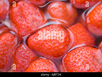 Dettaglio delle fragole immersione in acqua fresca sana e bella con crema Foto Stock
