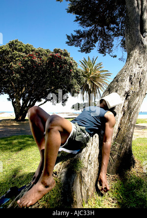 L'uomo africano dormendo contro un albero con un giornale sul suo volto Foto Stock