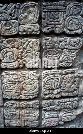 Maya hieroglphs sul retro di una stela Copan Honduras Foto Stock