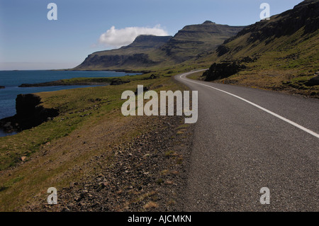 La strada aperta Icelands Ring Road sulle rive di Reydarfjordur vicino Vattanes in oriente fiordi regione orientale di Islanda Foto Stock