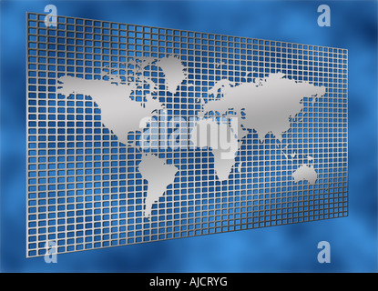 Mappa del mondo in argento su una griglia di metallo pattern Foto Stock