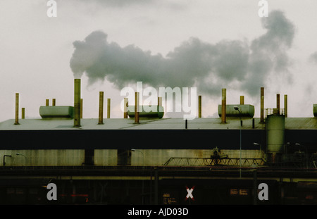 Ambiente cupo con vecchia fabbrica che emette fumo inquinante da un camino. Foto Stock