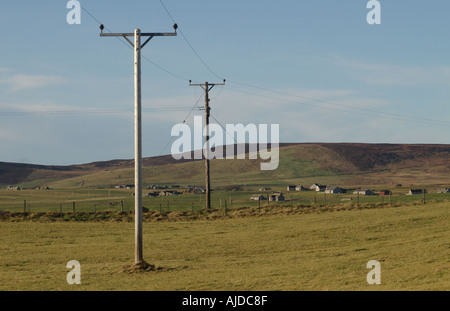 Dh Idro Elettrica elettricità cavo di alimentazione UK (poli in area rurale su tutto il campo Orphir Orkney Foto Stock