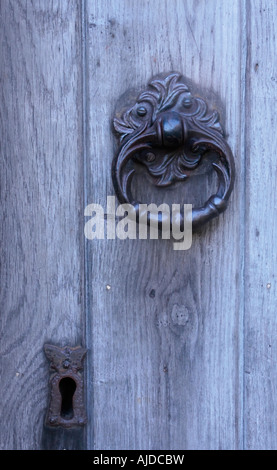 Decorativi in ferro battuto porta respingente e stemma su una vecchia porta di legno Foto Stock