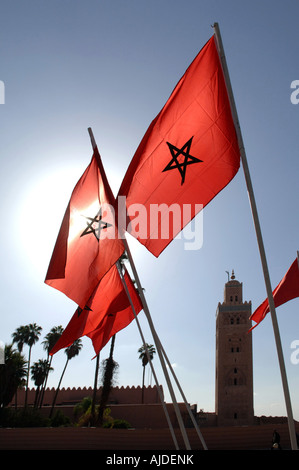 Marocchino battenti bandiere con la Moschea di Koutoubia in background - Marrakech marocco Foto Stock