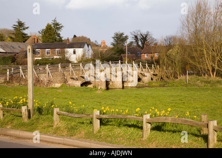 Tilford Surrey in Inghilterra UK Narcisi sul verde da Oriente antico ponte che attraversa il fiume Wey nel villaggio storico in primavera Foto Stock