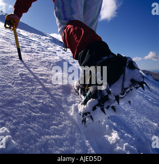 Un rampone caric il sistemaare scalatore ascende la ripida nord ovest rivolta verso il pendio di Glyder Fawr Carneddau Gwynedd in Galles Foto Stock