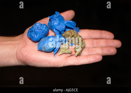 Sacchetti di erba (marijuana) e tenuto in mano Foto Stock