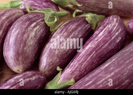 Solanum melongena 'favola' (melanzana. La melanzana) ibrido F1. Close up di viola e bianco frutti raccolti. Foto Stock