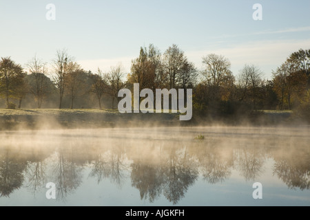 Nebbia di mattina su acque calme di Bialowieza palazzo storico Park, Bialowieza, Polonia, Europa Foto Stock