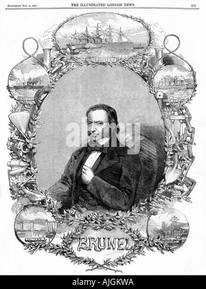 Brunel Necrologio 1859 , ritratto del mitico Ingegnere circondato da illustrazioni dei suoi successi più importanti Foto Stock