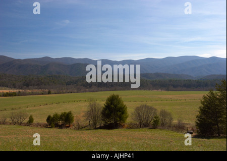 Una coperta di erba valley in Cades Cove nelle Smoky Mountains del Tennessee Foto Stock